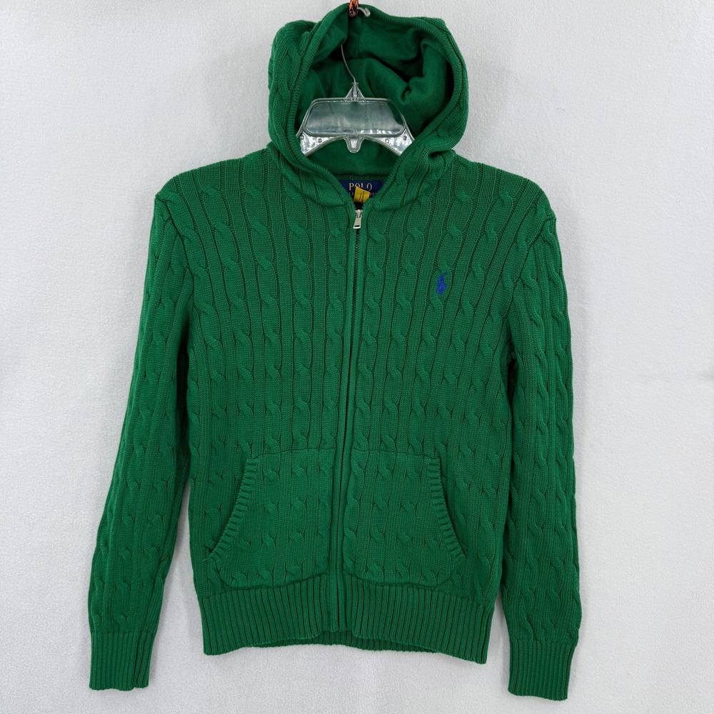 Polo Ralph Lauren Sweater Kids Size M 10-12 Green Cable Knit Full Zip Cardigan